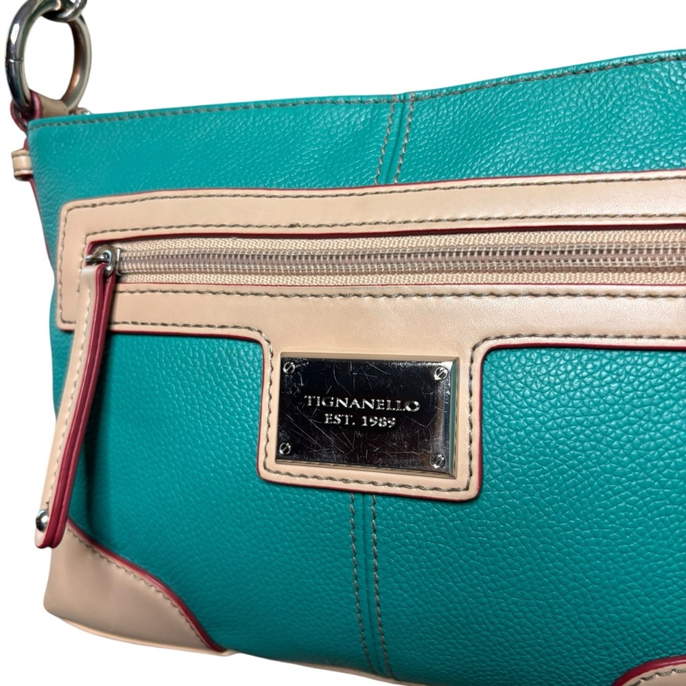 Tignanello Leather Crossbody Teal Tan Colorblock 10x7 Multi Pocket - Picture 3 of 9
